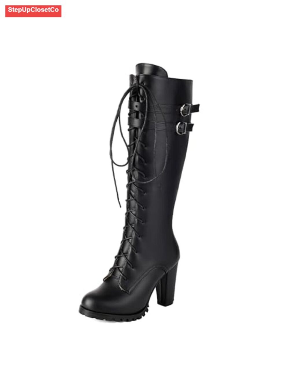 Women's Knee High Lace Up Block Heel Combat Boots PU Leather